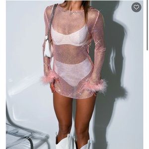 Pink Rhinestone Mesh Long Sleeve Mini Dress